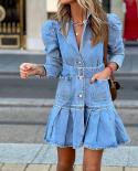 Elegant Lapel V Neck Solid Jeans Dress Women Fashion Button Belt Lace Up Ruffle Mini Dress 2023 Casual Long Sleeve Party