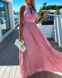 Elegant Hanging Neck Loose Hem Long Dress Women  Sleeveless Solid Beach Dress 2023 Summer Fashion Pleated Waist Party Dr