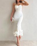 Women Elegant Off Shoulder Slim Fishtail Dress Summer  Wrap Chest Solid Long Dress Fashion Pleat Spaghetti Strap Party D