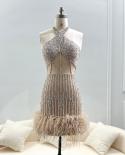 Sharon Said Luxury Feathers Nude Short Mini Cocktail Prom Dresses For Women Wedding Halter Lilac Homecoming Party Gowns 
