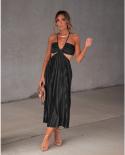 Backless  Sling Dress Womens V Neck Seaside Vacation Mid Length Beach Dress 2023 Summer Fashion Elegant Ladies Clothes