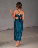 Backless  Sling Dress Womens V Neck Seaside Vacation Mid Length Beach Dress 2023 Summer Fashion Elegant Ladies Clothes