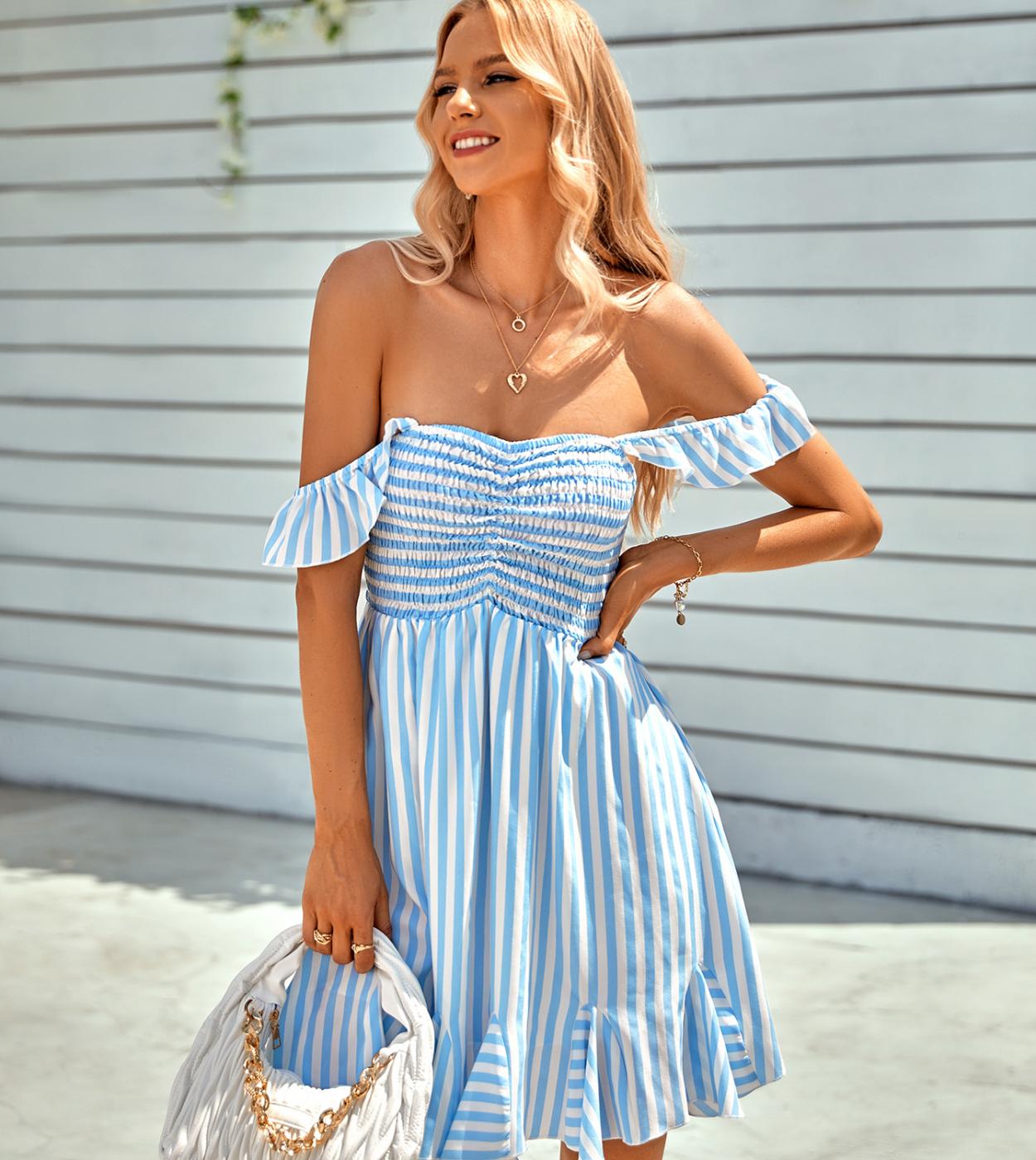 Summer Casual Striped Dress Women Off The Shoulder Ruffled Backless Suspenders Short Dress 2023 New Elegant Holiday Beac