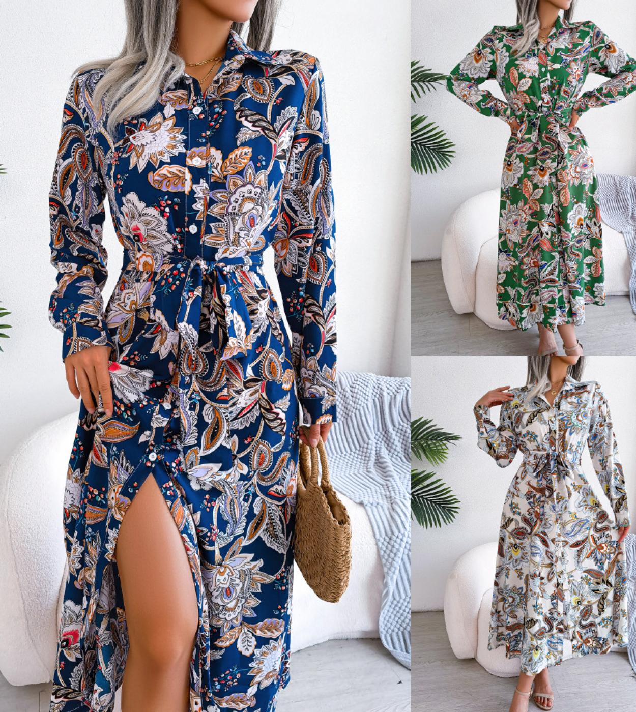 30,36 US$-2023 primavera Vintage Floral camisa vestido mujer solapa encaje manga  larga gasa cárdigan vestidos verano moda elegante largo-Description
