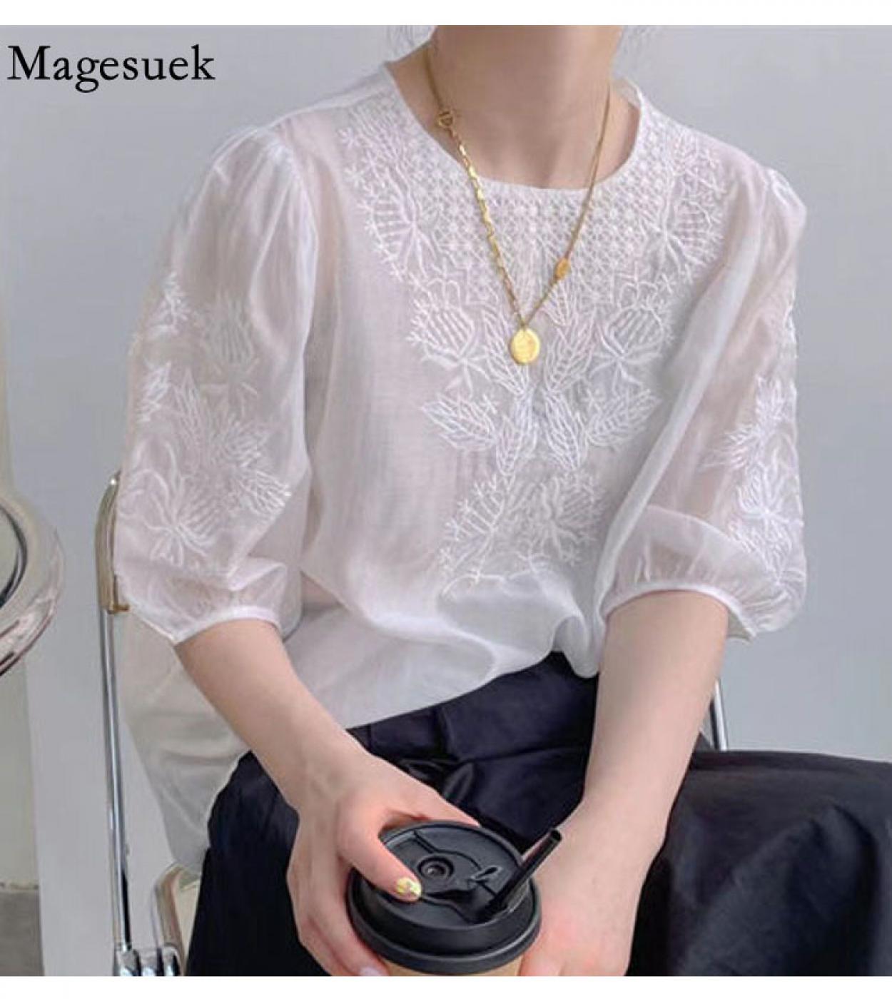 Blusa de seda bordada a la moda para mujer, blusas holgadas informales de manga de burbuja con cuello redondo, camisas de gasa c