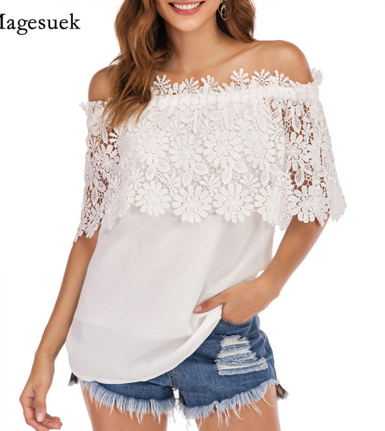  Slash Collar White Blouse  Summer New Crochet Lace Sweet Shirt Cotton Cold Shoulder Chiffon Tops Blusas De Seda 14128  
