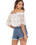 Slash Collar White Blouse  Summer New Crochet Lace Sweet Shirt Cotton Cold Shoulder Chiffon Tops Blusas De Seda 14128  