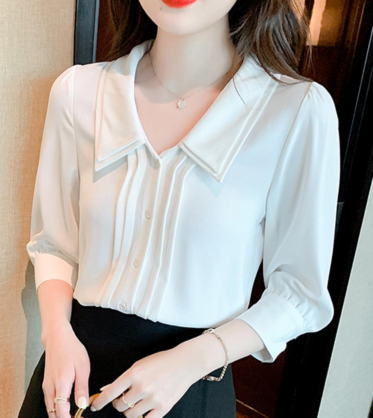 Summer Elegant Doll Collar Blouse Women Sweet White Office Lady Loose Shirt Three Quarter Sleeve Chiffon Buttons Tops 25