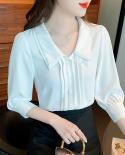 Summer Elegant Doll Collar Blouse Women Sweet White Office Lady Loose Shirt Three Quarter Sleeve Chiffon Buttons Tops 25