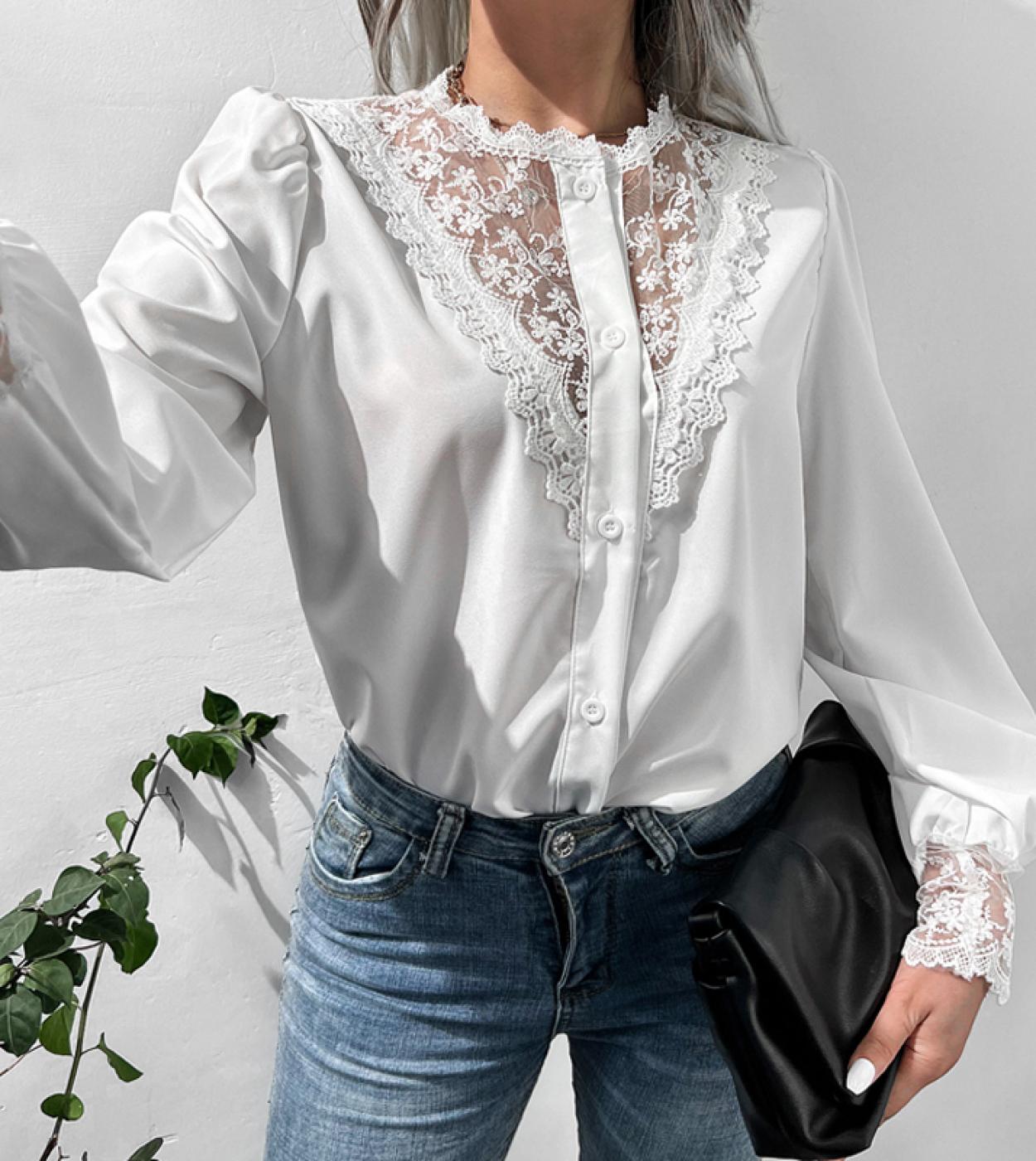 חולצת תחרה אלגנטית וינטג נשים אופנה משרד עם שרוולים ארוכים בגדי חולצה רפויים בגדי רשת רשת חולצה לבנה חולצה עליונה