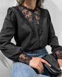 Elegant Vintage Lace Shirt Women Fashion Long Sleeve Office Lady Loose Blouse Clothes Spliced Mesh White Blouse Top Blus