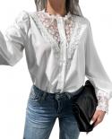 أنيقة خمر الدانتيل قميص المرأة أزياء مكتب سيدة فضفاضة طويلة الأكمام الملابس تقسم شبكة بلوزة بيضاء أعلى Blus