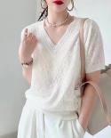 V Neck Summer Ice Silk Lace Blouse Elegant Short Sleeve Shirt Sweater Women New Casual Hollow Out Tops Lady Loose T Shir