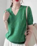 V Neck Summer Ice Silk Lace Blouse Elegant Short Sleeve Shirt Sweater Women New Casual Hollow Out Tops Lady Loose T Shir