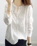 Moda Elegante Blusa de Renda Feminina Camisa Branca Outono Manga Puff Fina Blusa Gola Alta Blusa Oca com Ponto de Renda Blusas1