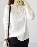 Fashion Elegant Lace Blouse Women White Shirt Autumn Puff Sleeve Slim Stand Collar Blouse Hollow Lace Stitch Top Blusas1