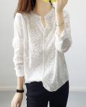 Fashion Elegant Lace Blouse Women White Shirt Autumn Puff Sleeve Slim Stand Collar Blouse Hollow Lace Stitch Top Blusas1