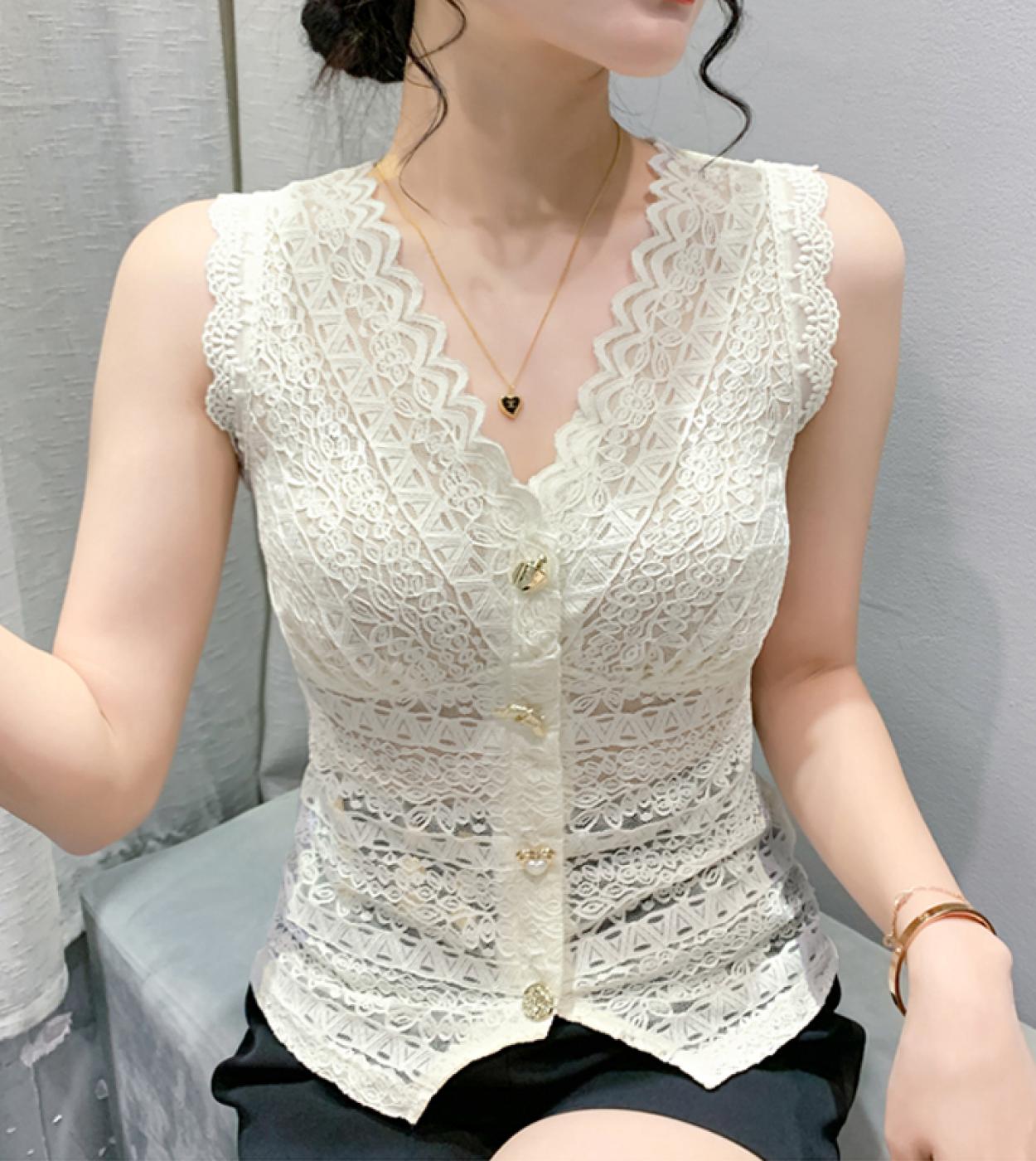 Blusa de renda sem mangas de verão feminina com decote em v regata elegante camisa de botão colete feminino 2023 renda fina roup