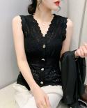 Summer Sleeveless Lace Blouse Woman Vneck Tank Tops Elegant Button Shirt Vest Women 2023 Lace  Slim Youth Clothes New 25