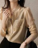 אופנה תחרה רקמת חולצות שיפון אלגנטי משרד גברת חולצה עם כיסים נשים חולצות כפתור בגדי בלוזה וינטג