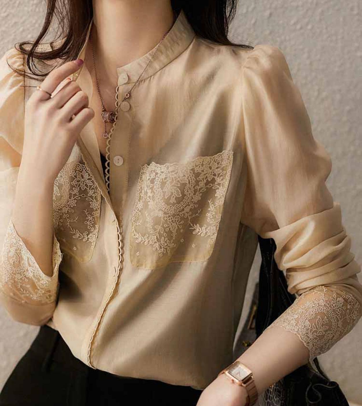 Blusas de chifón con bordado de encaje a la moda, camisa elegante de oficina para mujer con bolsillos, Tops para mujer, Blusas V