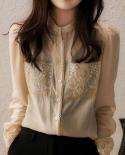 Moda Blusas de Chiffon com Bordado de Renda Elegante Escritório Feminino Camisa Com Bolsos Blusas Femininas Blusas Vintage