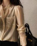 אופנה תחרה רקמת חולצות שיפון אלגנטי משרד גברת חולצה עם כיסים נשים חולצות כפתור בגדי בלוזה וינטג