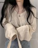 Autumn Elegant Solid Sweaters Loose Longsleeve Retro Vneck Thin Blue Sweater Casual Vintage Fashion Apricot Hollow Tops 