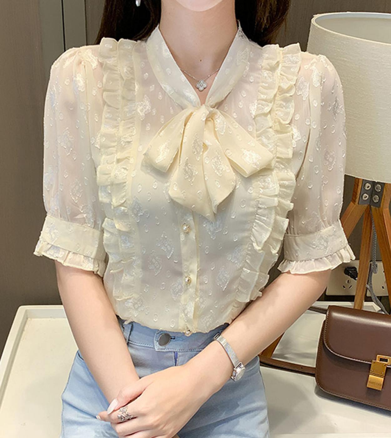 Blusa informal de gasa con lazo dulce y cuello en V para mujer, camisa de verano con mangas cortas abullonadas, camisa elegante 