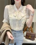 Casual Sweet Bow Vneck Chiffon Blouse Ladies Shirt Summer Puff Short Sleeve Tops Elegant Ruffles Shirt Fashion Clothes 1