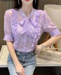 Casual Sweet Bow Vneck Chiffon Blouse Ladies Shirt Summer Puff Short Sleeve Tops Elegant Ruffles Shirt Fashion Clothes 1