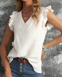 Blusa de algodão de verão com decote em V feminina manga curta com babados blusas casuais femininas 2023 moda elegante t shirt s