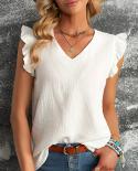 Blusa de algodón de verano con cuello en V para mujer, Tops informales de manga corta con volantes para mujer, camiseta elegante