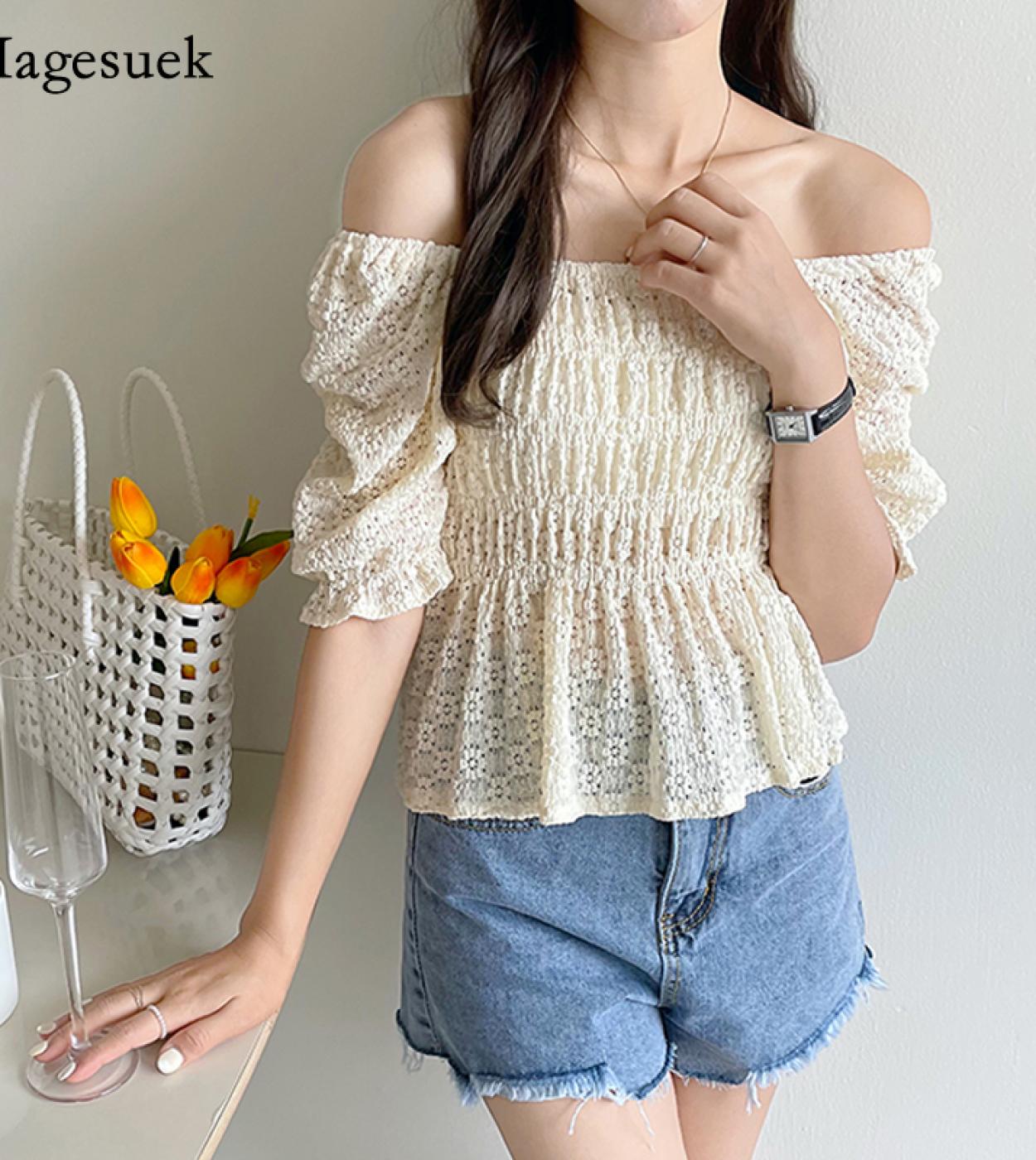 New Short Sleeve Summer Simple Tops  Slash Neck Clavicle Puff Sleeve Shirt Female Hollow Out Pleated Slim Waist Blouse 1