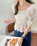 New Short Sleeve Summer Simple Tops  Slash Neck Clavicle Puff Sleeve Shirt Female Hollow Out Pleated Slim Waist Blouse 1