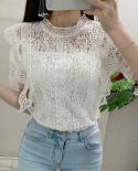  Fashion Summer Lace Blouse Women Elegant Butterfly Short Sleeve Ruffles Tops Mujer Stand Collar Hollow Out Shirt 26379
