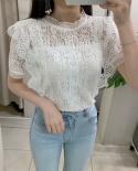  Fashion Summer Lace Blouse Women Elegant Butterfly Short Sleeve Ruffles Tops Mujer Stand Collar Hollow Out Shirt 26379