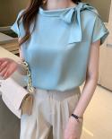 Silk Satin Bow Womens Shirts 2023 Summer Short Sleeve Casual Blouse Elegant Female Clothing O Neck Women Tops Blusas 14