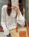  Cotton Crochet Hollow Lace Shirt Summer V Neck Sunscreen Womens Tops  Sweet Loose Long Sleeve White Blouse Tops 14828sh