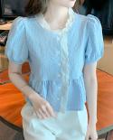 Casual dulce blusa de verano para mujer con encaje camisa de manga corta señora elegante botón cuello pico azul Tops ropa femeni