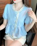 Casual dulce blusa de verano para mujer con encaje camisa de manga corta señora elegante botón cuello pico azul Tops ropa femeni