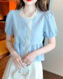 Casual Sweet Summer Blouse Women With Lace Short Sleeve Shirt Lady Elegant Button V Neck Blue Tops Female Clothes Blusas
