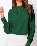 Fashion Elegant Chiffon Blouse Stand Collar Women Pleated Long Sleeve Shirt Autumn Office Lady Vintage Loose Tops Blusas