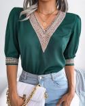 Elegant V Neck Summer Lace Chiffon Blouse 2023 Loose Woman Shirt Spring Short Sleeve Casual Tops Lady Blusas Para Mujer 