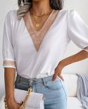 Elegante cuello en V blusa de gasa de encaje de verano 2023 camisa de Mujer suelta primavera manga corta Casual Tops señora Blus