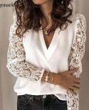 2022 Hollow Patchwork Lace Sleeve Blouse Streetwear Women Spring V Neck Loose Shirts White Long Sleeve Tops Women Clothe