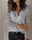 2022 Hollow Patchwork Lace Sleeve Blouse Streetwear Women Spring V Neck Loose Shirts White Long Sleeve Tops Women Clothe