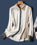 Elegant  Mulberry Silk Office Blouse Fashion Three Color Patchwork  Button Up Silk Shirt Womenlady Long Sleevetops Cloth