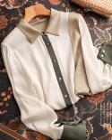 Elegante blusa de oficina de seda de morera, camisa de seda con botones de retazos de tres colores a la moda, blusas de manga la