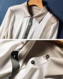 Elegant  Mulberry Silk Office Blouse Fashion Three Color Patchwork  Button Up Silk Shirt Womenlady Long Sleevetops Cloth
